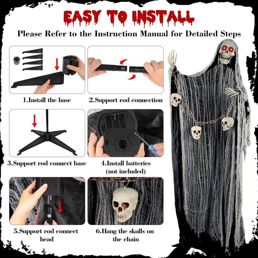 Halloween animatronic grim reaper decoration with LED eyes and skull chain, shown with installation steps.