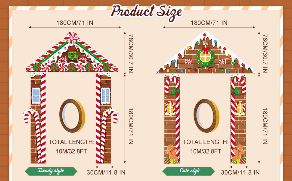 Two gingerbread house themed Christmas porch banners with dimensions and tape shown. One is labeled 'Trendy style' and the other 'Cute style'.