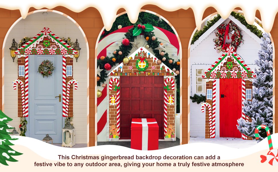Three gingerbread-themed Christmas door decorations with candy cane accents and wreaths, set against house exteriors.