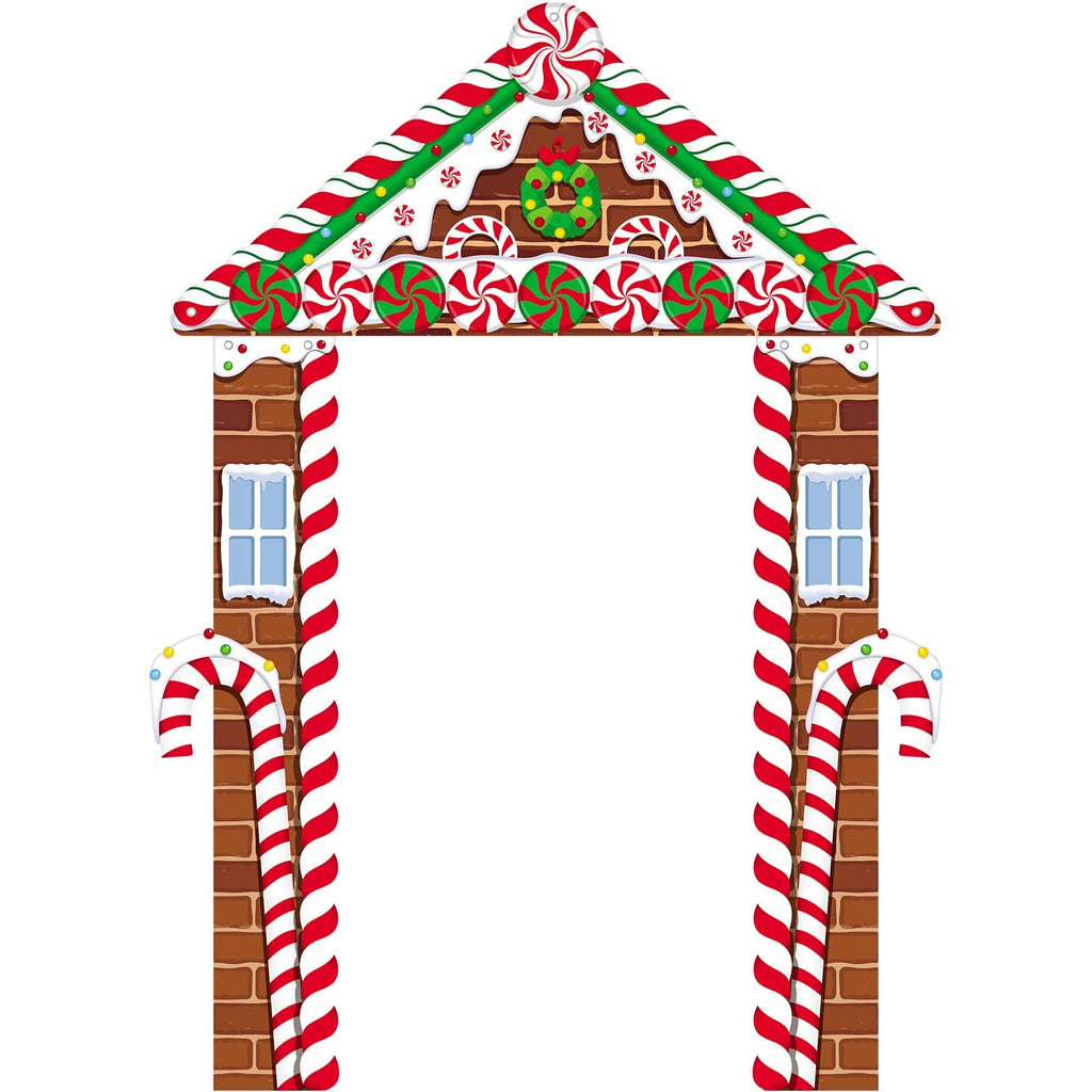 Gingerbread house themed Christmas archway decoration with candy cane pillars and peppermint candy accents.