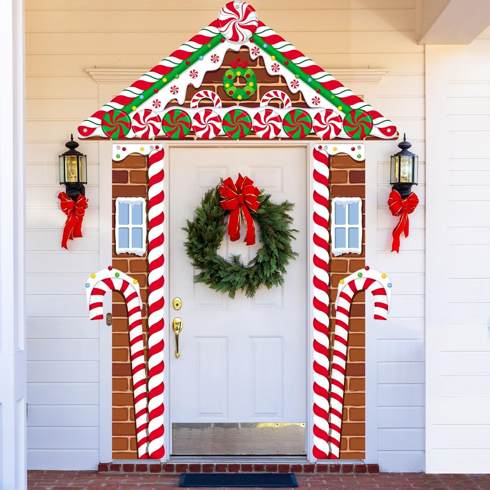 Christmas gingerbread-themed door decoration set with candy cane accents and a wreath on the door.