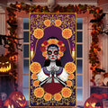 Day of the Dead door cover featuring a sugar skull woman with floral headdress and marigolds, set against a purple background with ornate gold details.