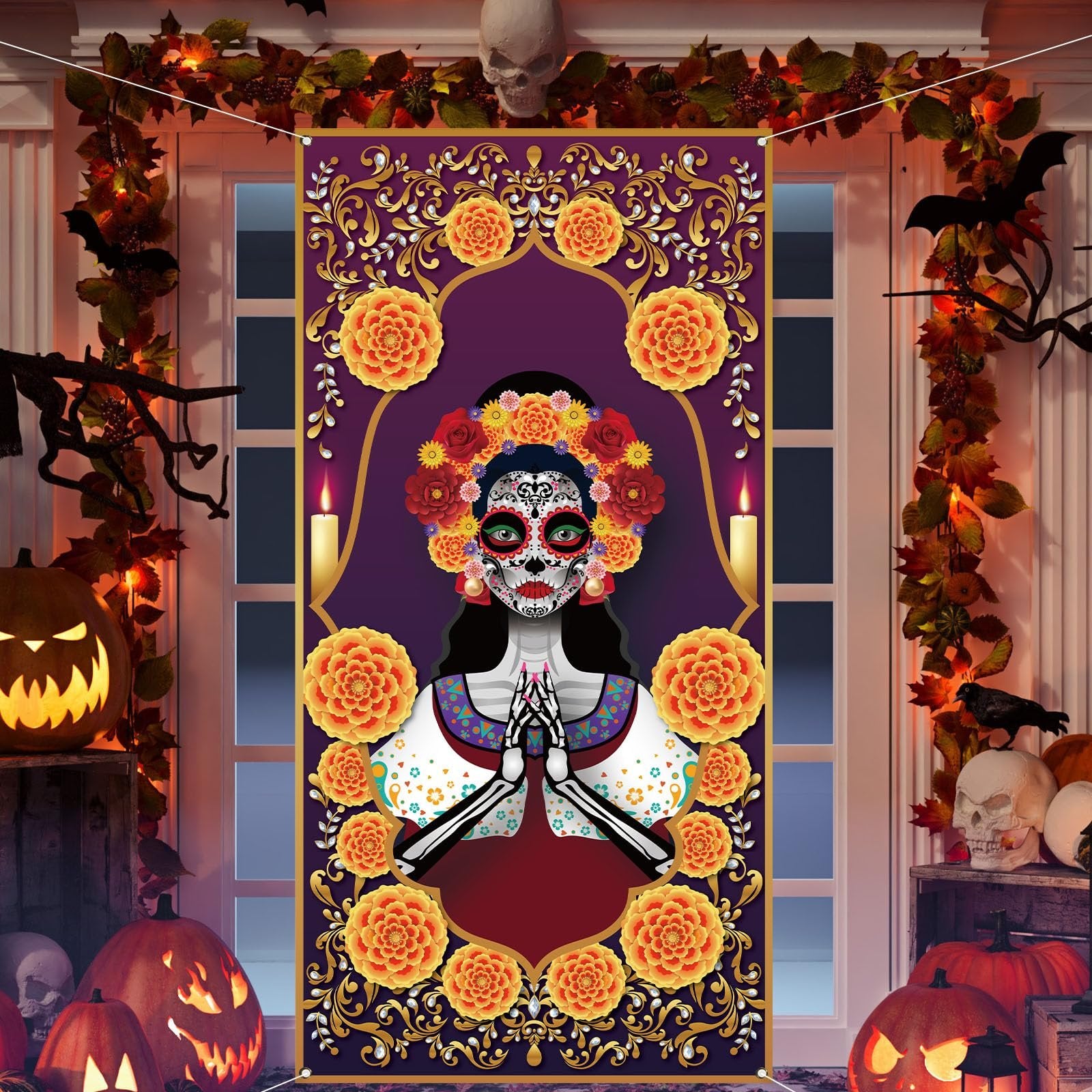 Day of the Dead door cover featuring a sugar skull woman with floral headdress and marigolds, set against a purple background with ornate gold details.