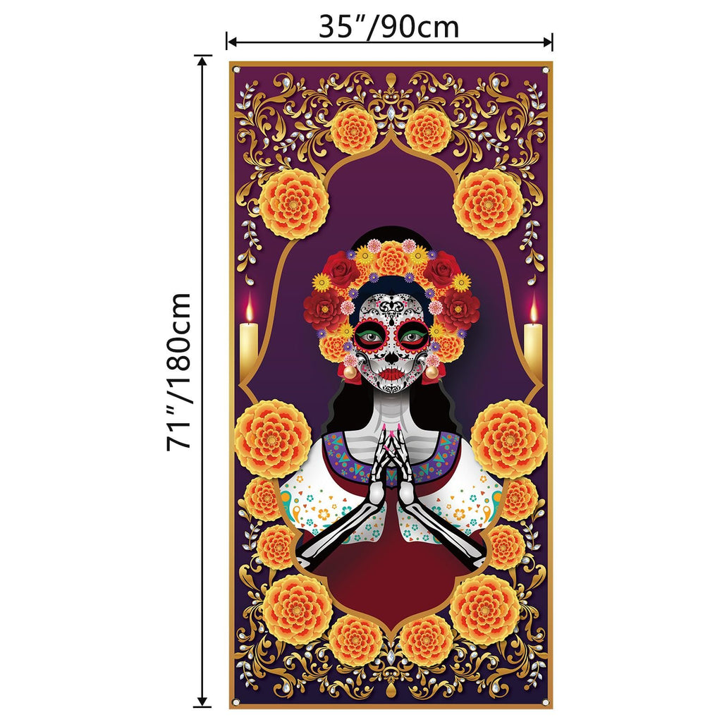 Day of the Dead door cover featuring a sugar skull woman surrounded by marigolds and candles, with dimensions 71x35 inches.