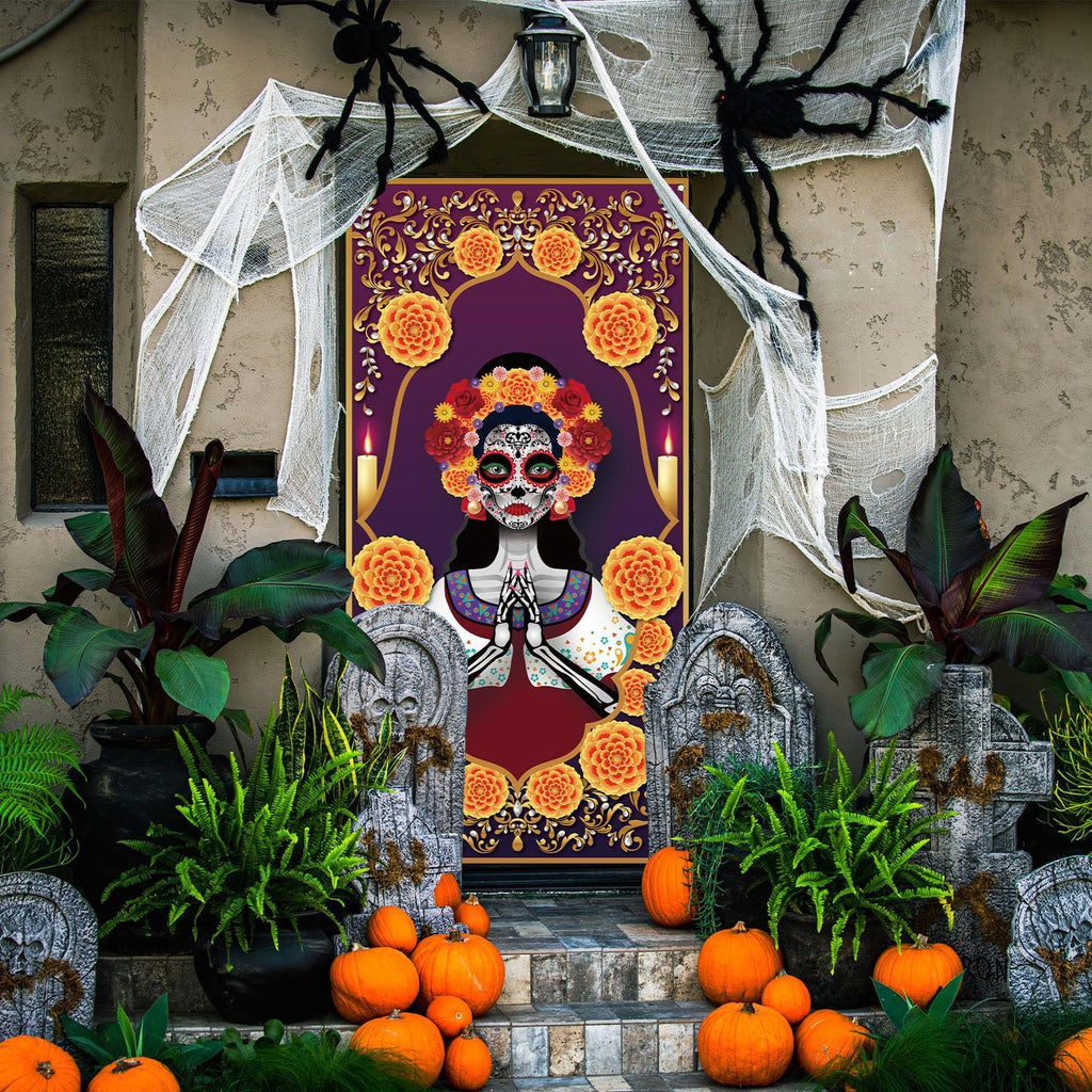 Day of the Dead door cover featuring a sugar skull woman with marigolds and candles, set up on a decorated porch with pumpkins and tombstones.