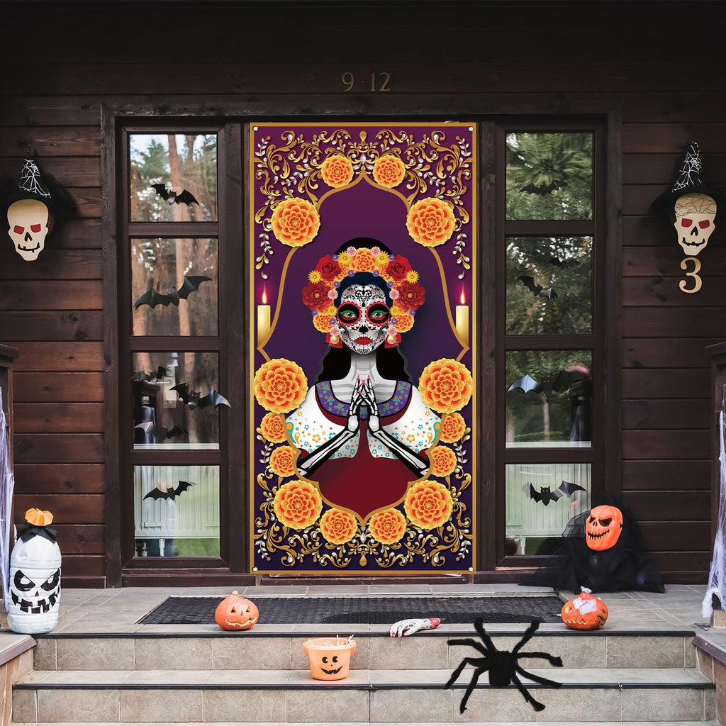 Day of the Dead door cover featuring a sugar skull woman surrounded by marigolds, displayed on a wooden door with Halloween decorations.