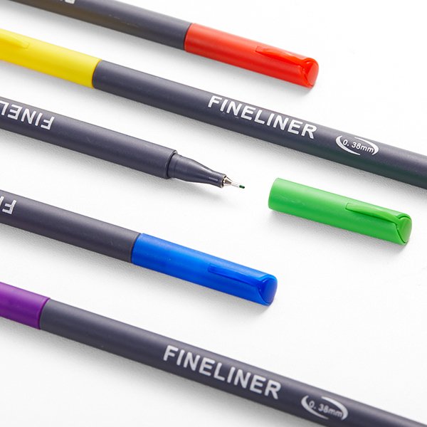 Close-up of several fineliner pens with colored caps, showing fine tips and 0.38mm markings.