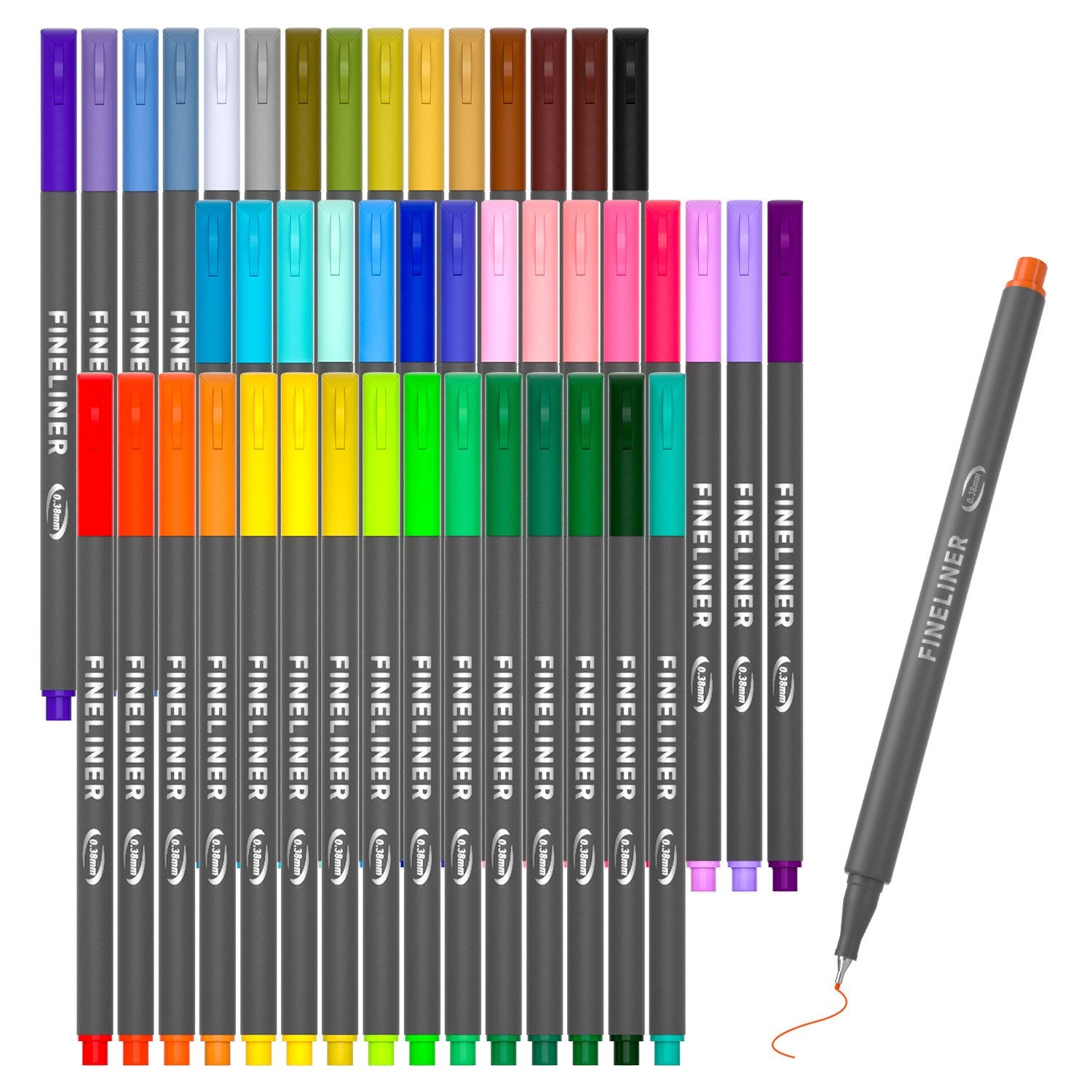 Set of 72 fineliner pens in various colors, displayed in rows with one pen uncapped and drawing a line.