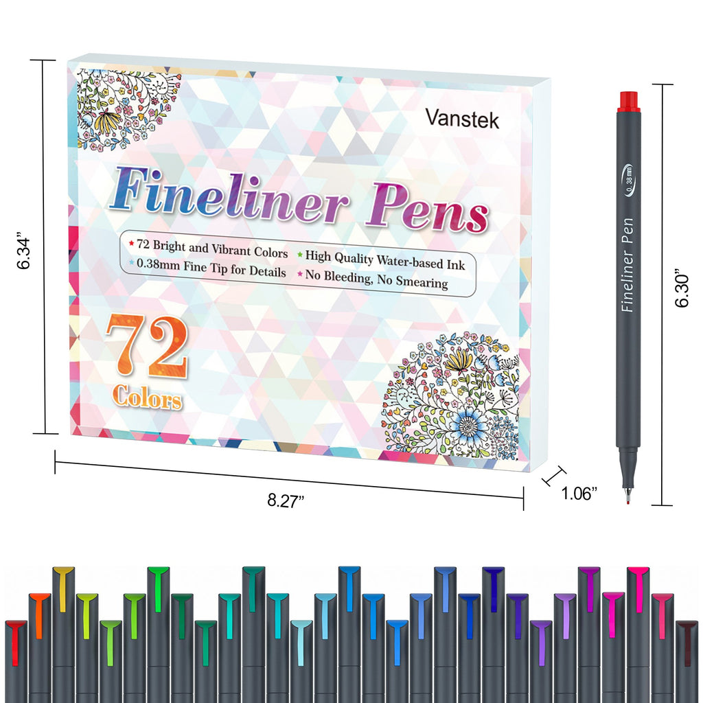 Set of 72 fineliner pens with a display of colors and dimensions shown on packaging.