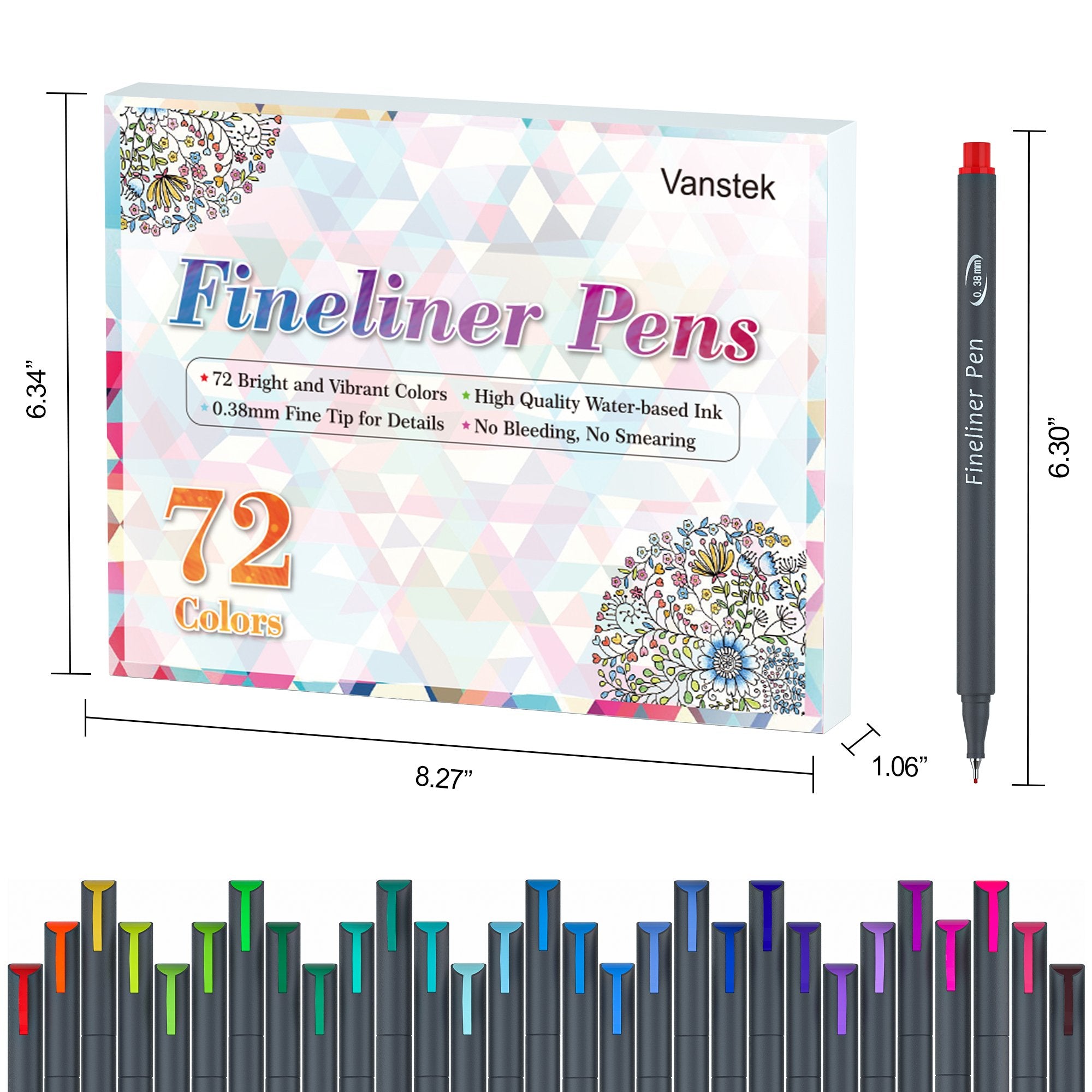Set of 72 fineliner pens with a display of colors and dimensions shown on packaging.