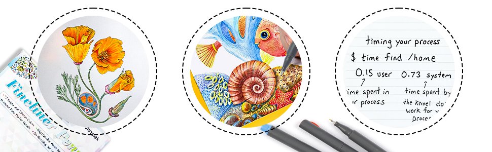 Three circular panels showing artwork created with fineliner pens: poppies, underwater scene, and a technical note. Pens are visible at the bottom.