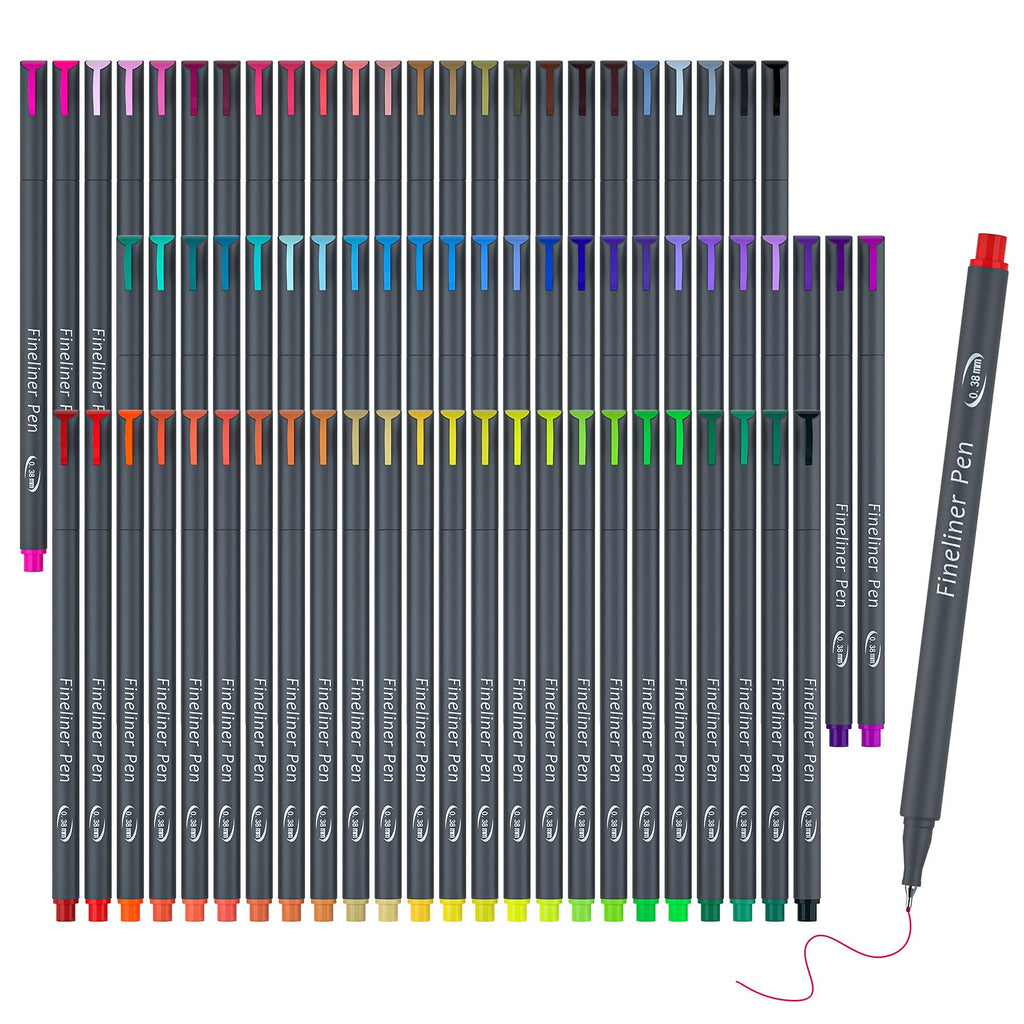 Set of 72 fine liner pens with 0.38mm tips, arranged in rows with colored caps and a single pen drawing a red line.