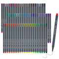 Set of 72 fine liner pens with 0.38mm tips, arranged in rows with colored caps and a single pen drawing a red line.