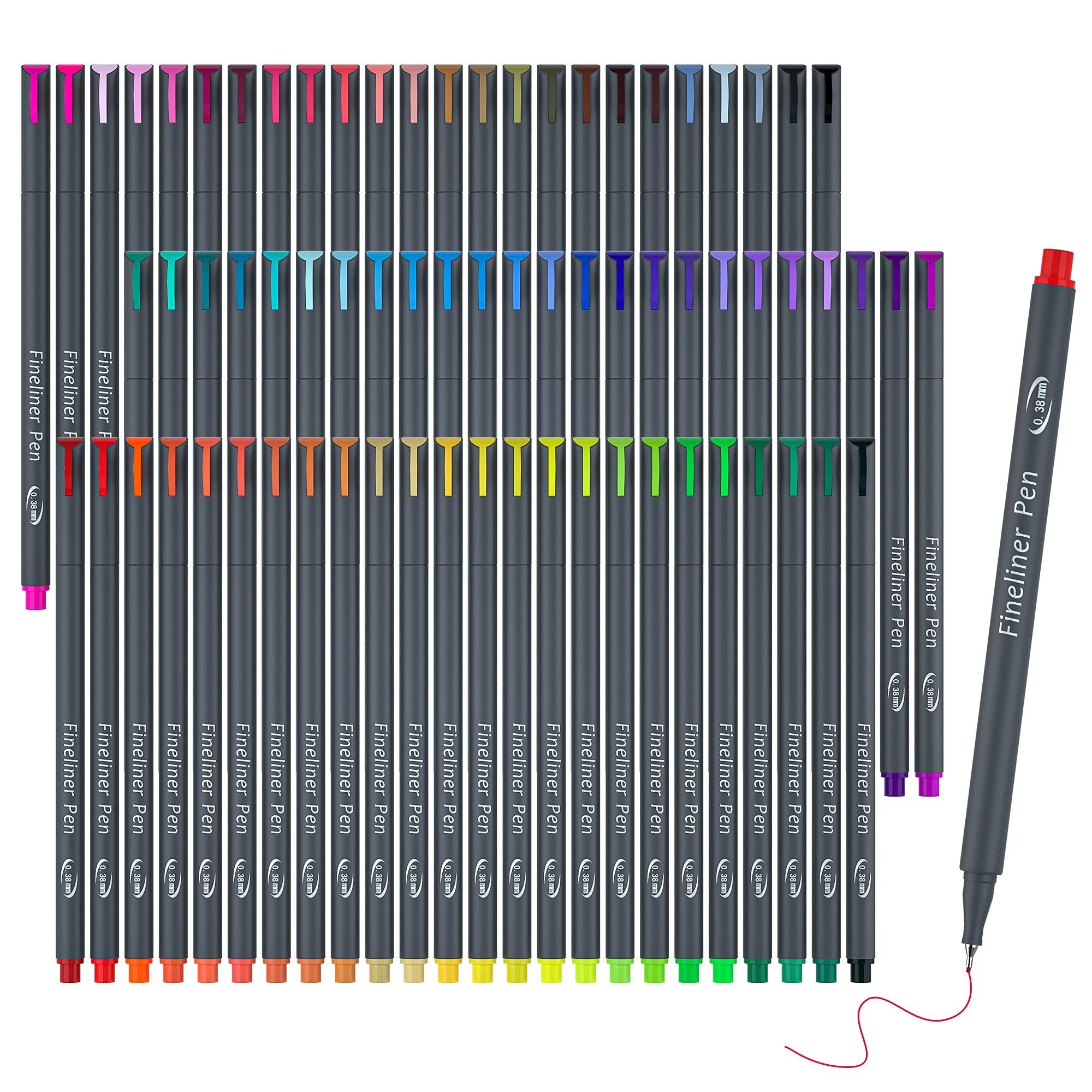 Set of 72 fine liner pens with 0.38mm tips, arranged in rows with colored caps and a single pen drawing a red line.