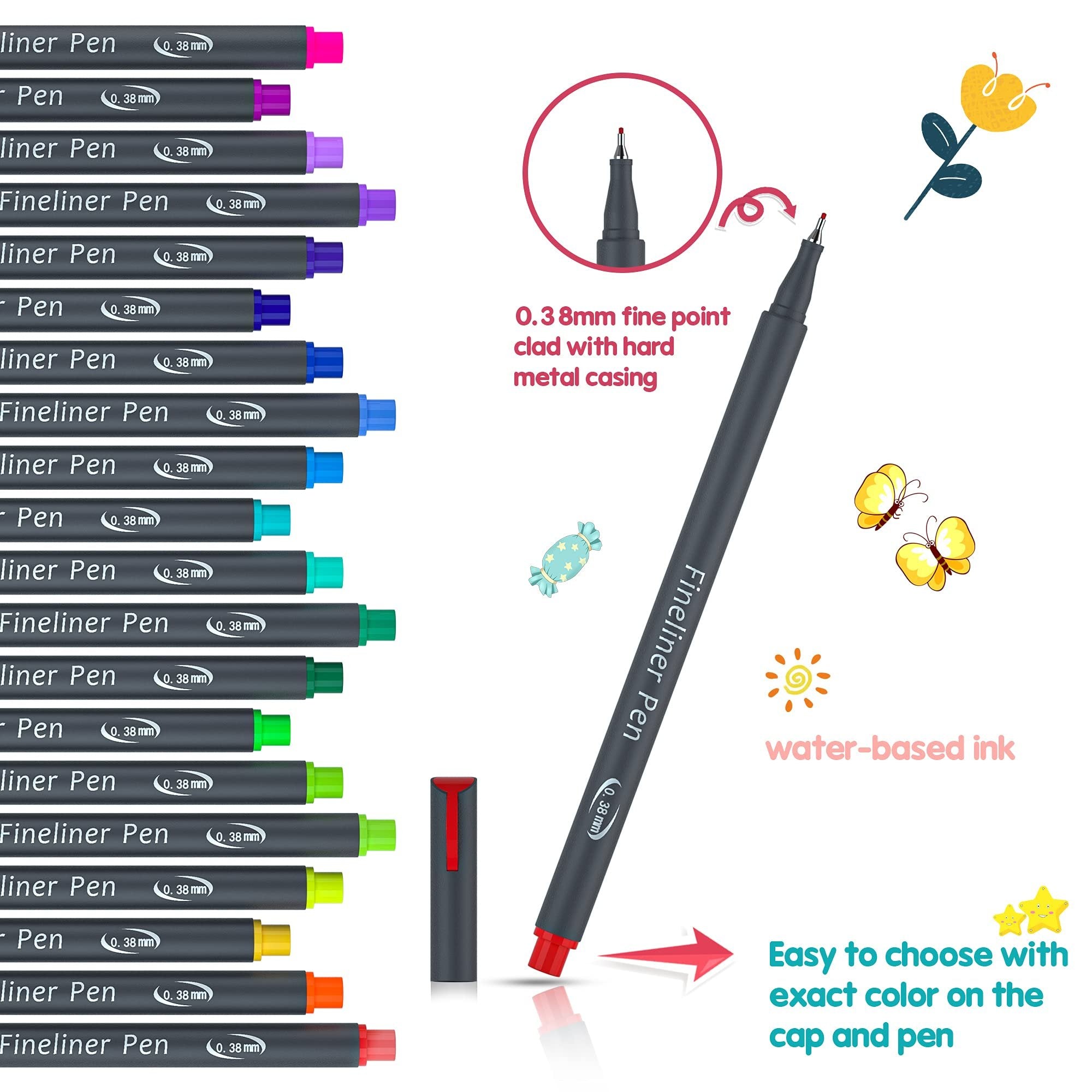 Set of 72 fineliner pens with 0.38mm fine points, displayed in multiple colors, with one pen shown in detail.