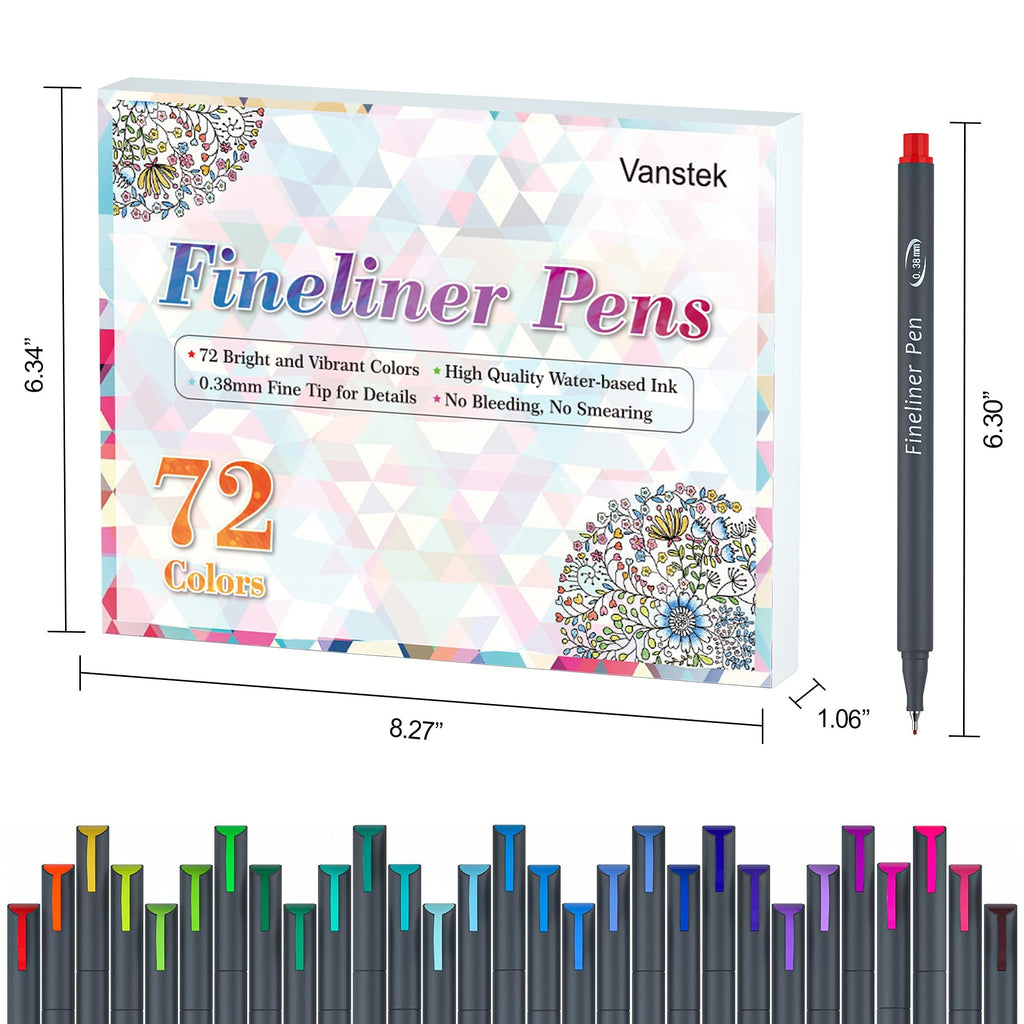 Set of 72 fineliner pens with a display box and individual pen shown, featuring colorful tips and dimensions.
