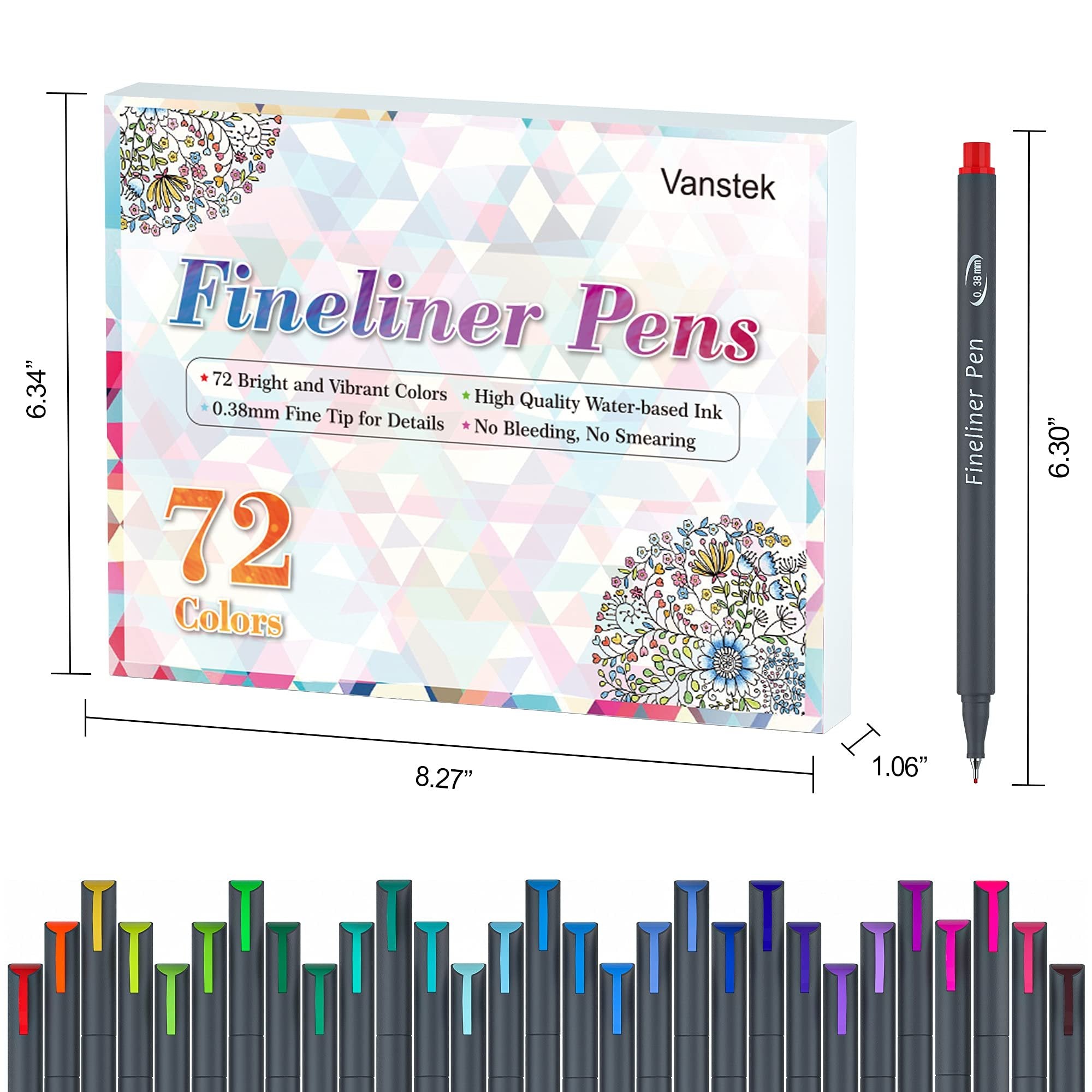 Set of 72 fineliner pens with a display box and individual pen shown, featuring colorful tips and dimensions.