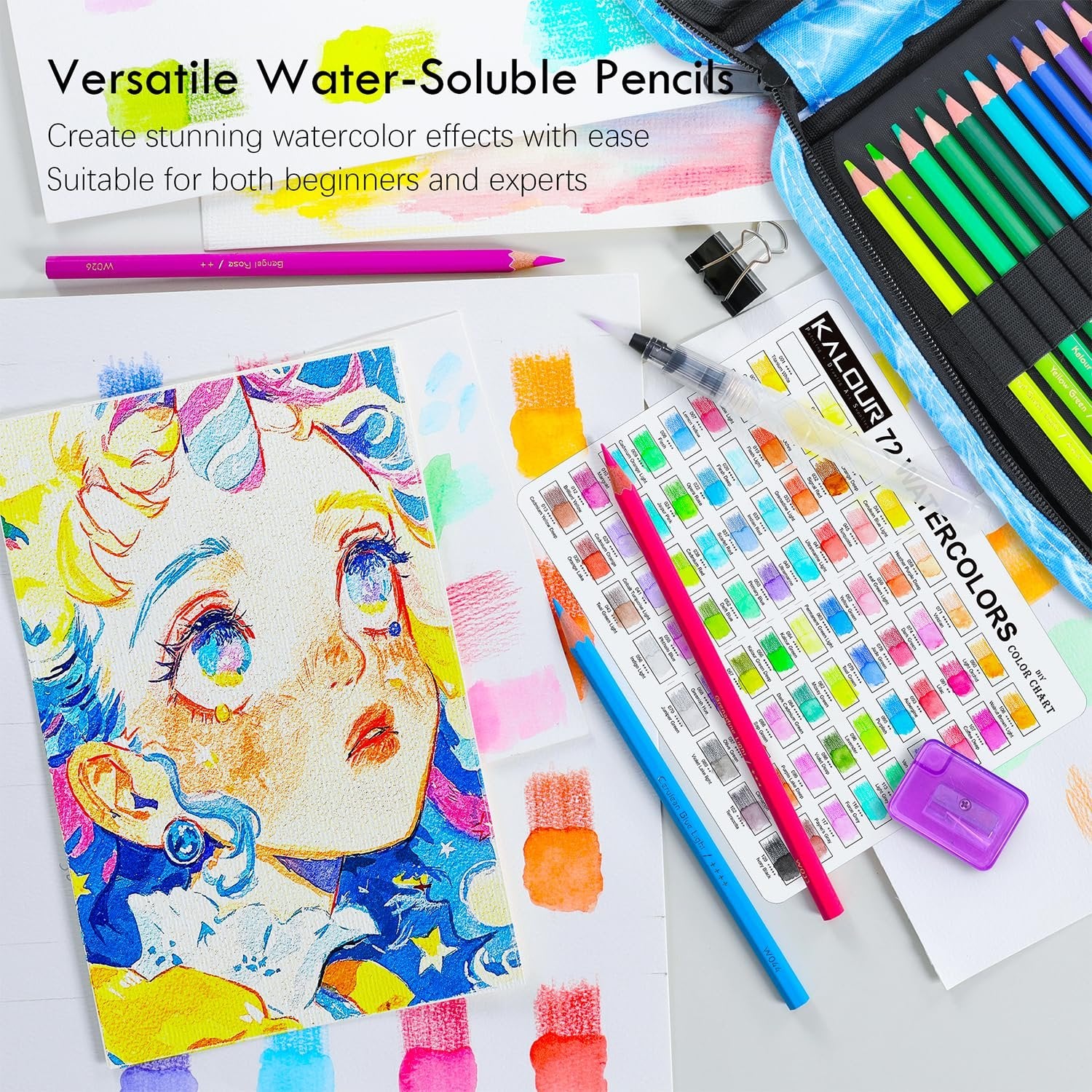 Watercolor pencils laid out with a color chart, brush, sharpener, and artwork. The pencils are in a blue case.