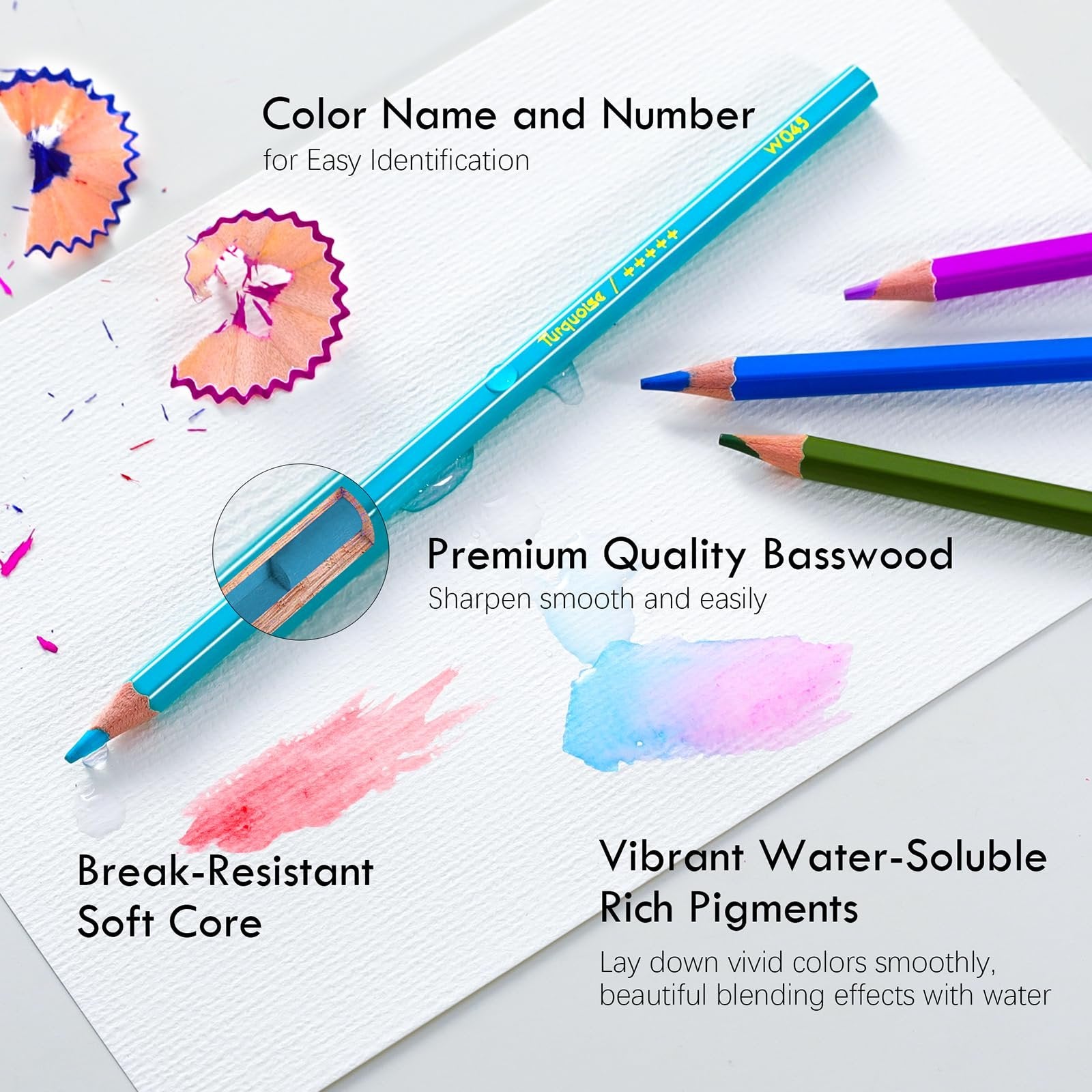 Watercolor pencils with swatches and pencil shavings on textured paper, showing features like break-resistant core and vibrant pigments.