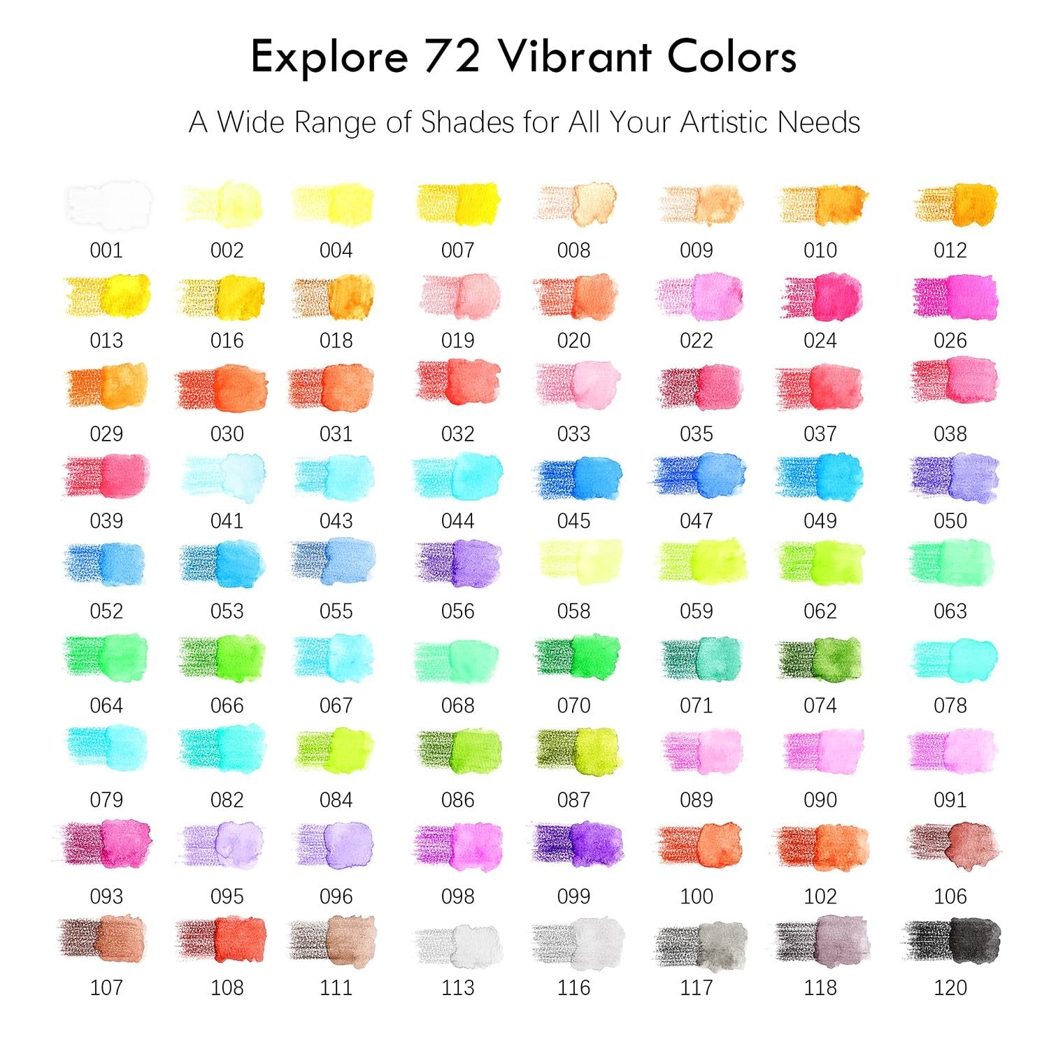 Color swatches for 72 watercolor pencils, showing pencil strokes and watercolor application for each shade.