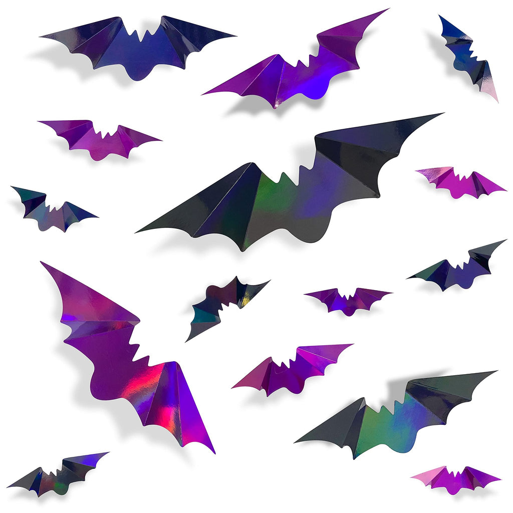 Assortment of iridescent 3D bat wall decals in black and purple holographic paper, scattered on a white background.