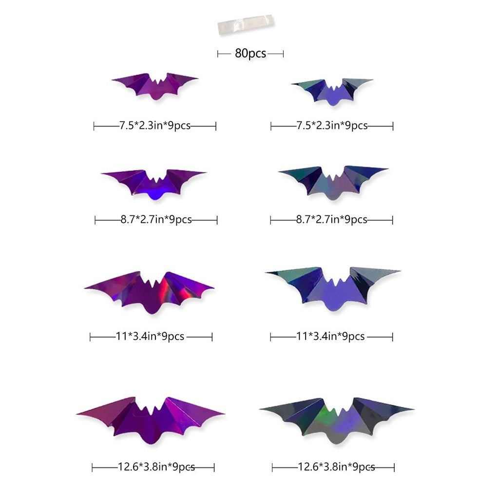 Iridescent 3D bat wall decals in black and purple holographic paper, shown in four sizes with dimensions and quantity.