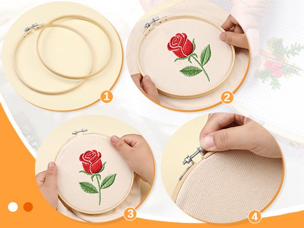 Cross stitch kit showing embroidery hoops and a rose design being worked on.