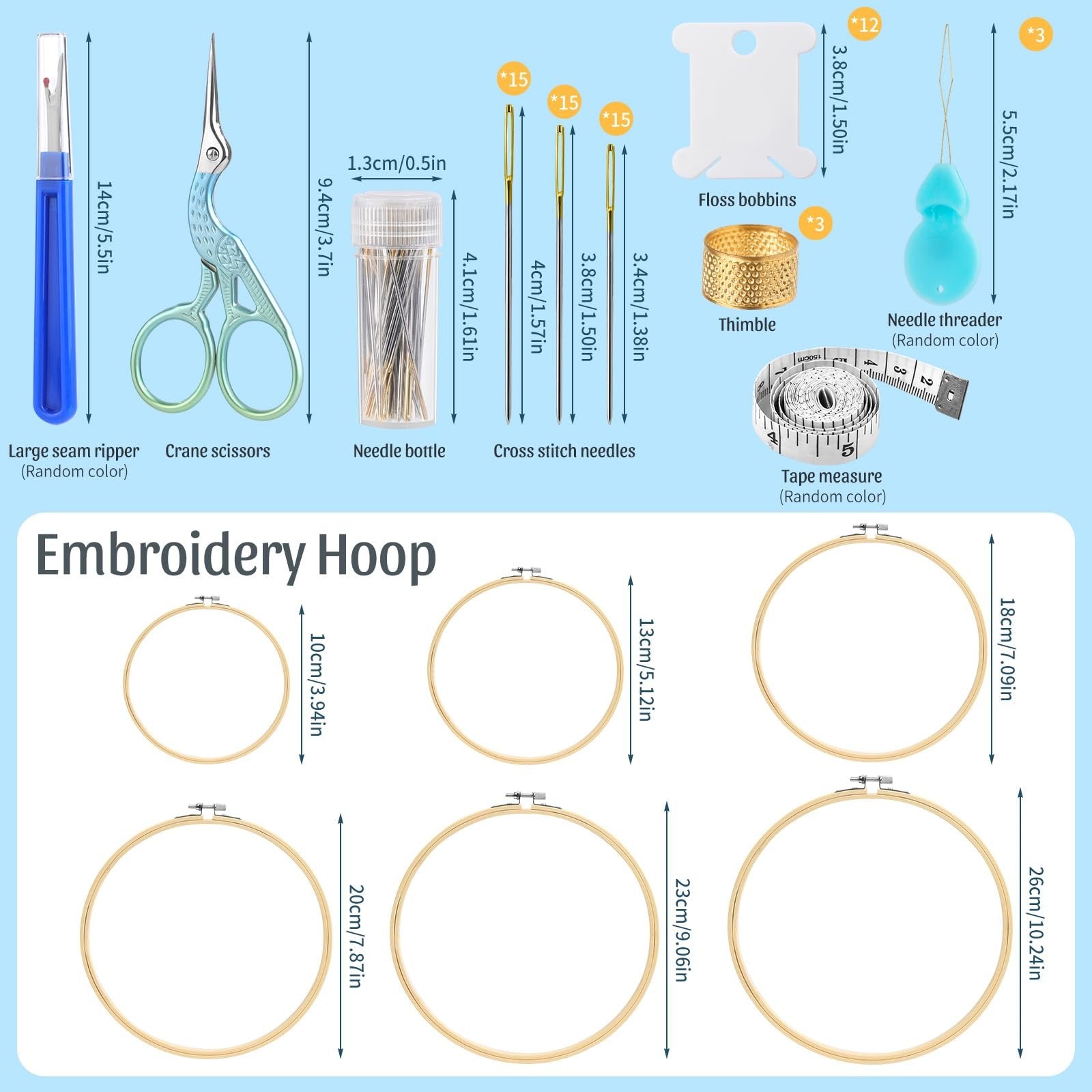Cross stitch supplies kit with seam ripper, crane scissors, needle bottle, cross stitch needles, floss bobbins, thimble, needle threader, tape measure, and embroidery hoops of various sizes.