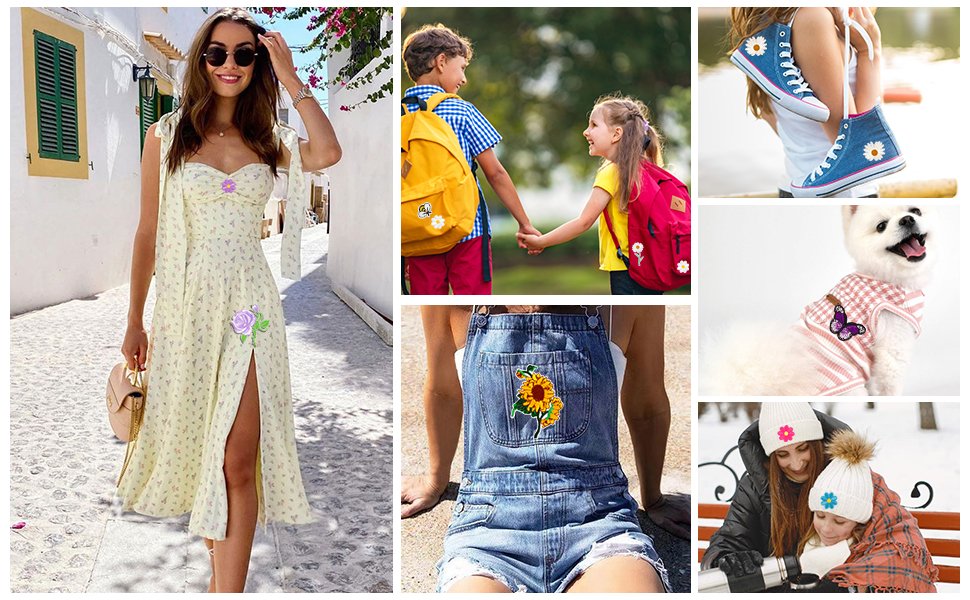 Collage of lifestyle images showing embroidered applique patches on clothing and accessories