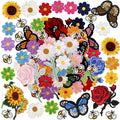 Collection of embroidered applique patches featuring butterflies, bees, sunflowers, roses, and various flowers on a white background.