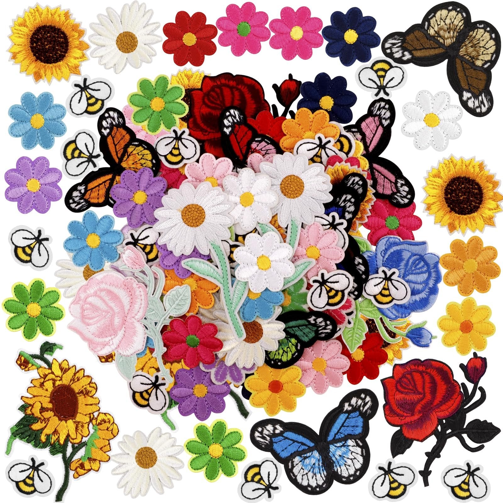 Collection of embroidered applique patches featuring butterflies, bees, sunflowers, roses, and various flowers on a white background.