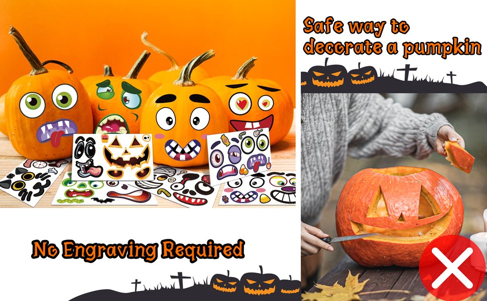 Halloween pumpkin decorating kit with face stickers and a person carving a pumpkin, split image showing safe decoration method.