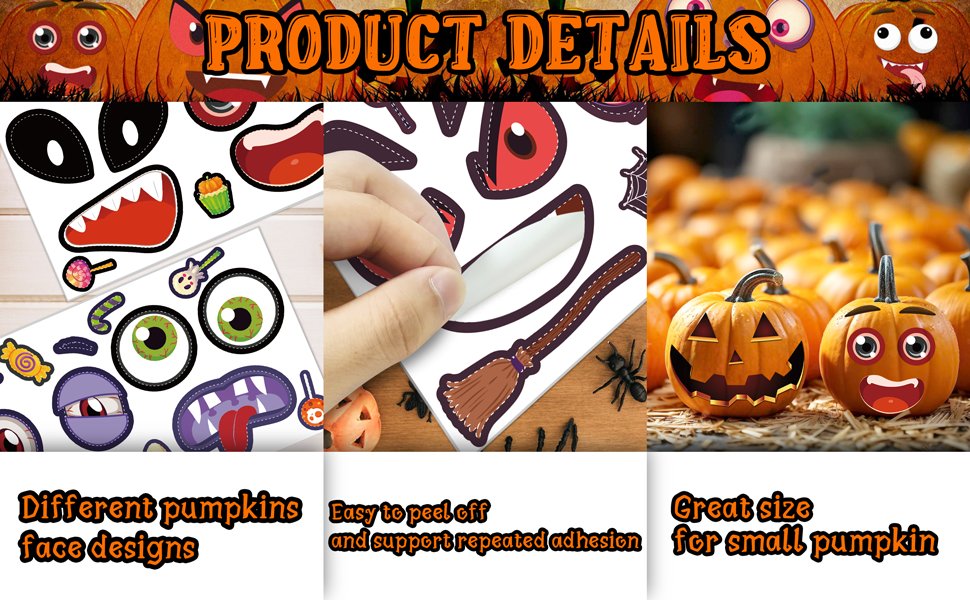 Halloween pumpkin decorating kit face stickers and decorated pumpkins. Close-up of stickers and a hand peeling one off. Decorated pumpkins in a field.