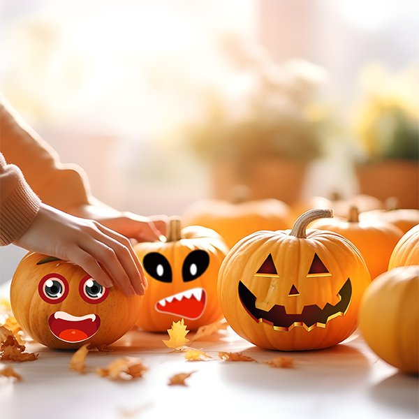 Halloween pumpkins decorated with face stickers and carved jack-o'-lantern faces, with hands placing stickers on a pumpkin.