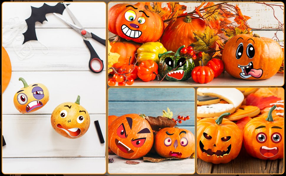 Collage of pumpkins decorated with Halloween stickers and craft supplies like scissors and bat cutouts.