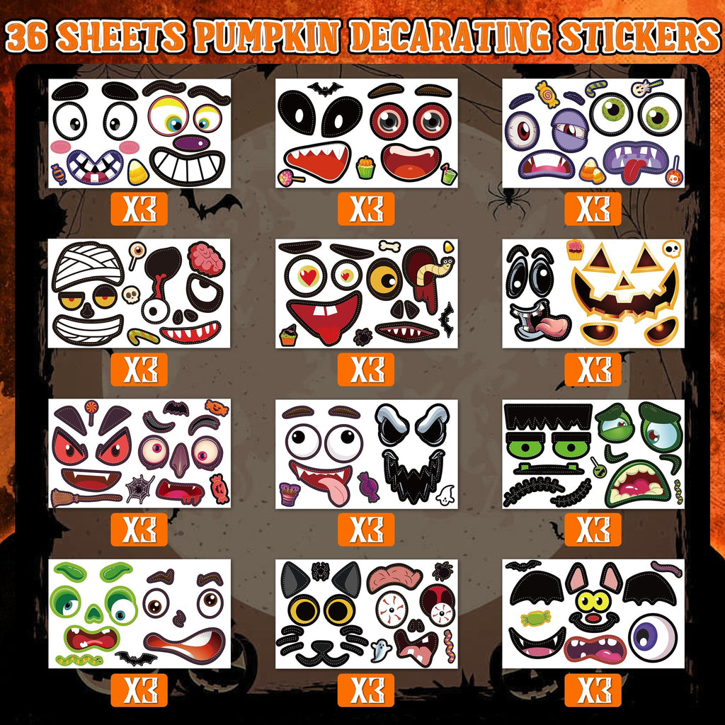 Halloween pumpkin decorating sticker sheets showing various eyes, mouths, and accessories for creating monster faces.