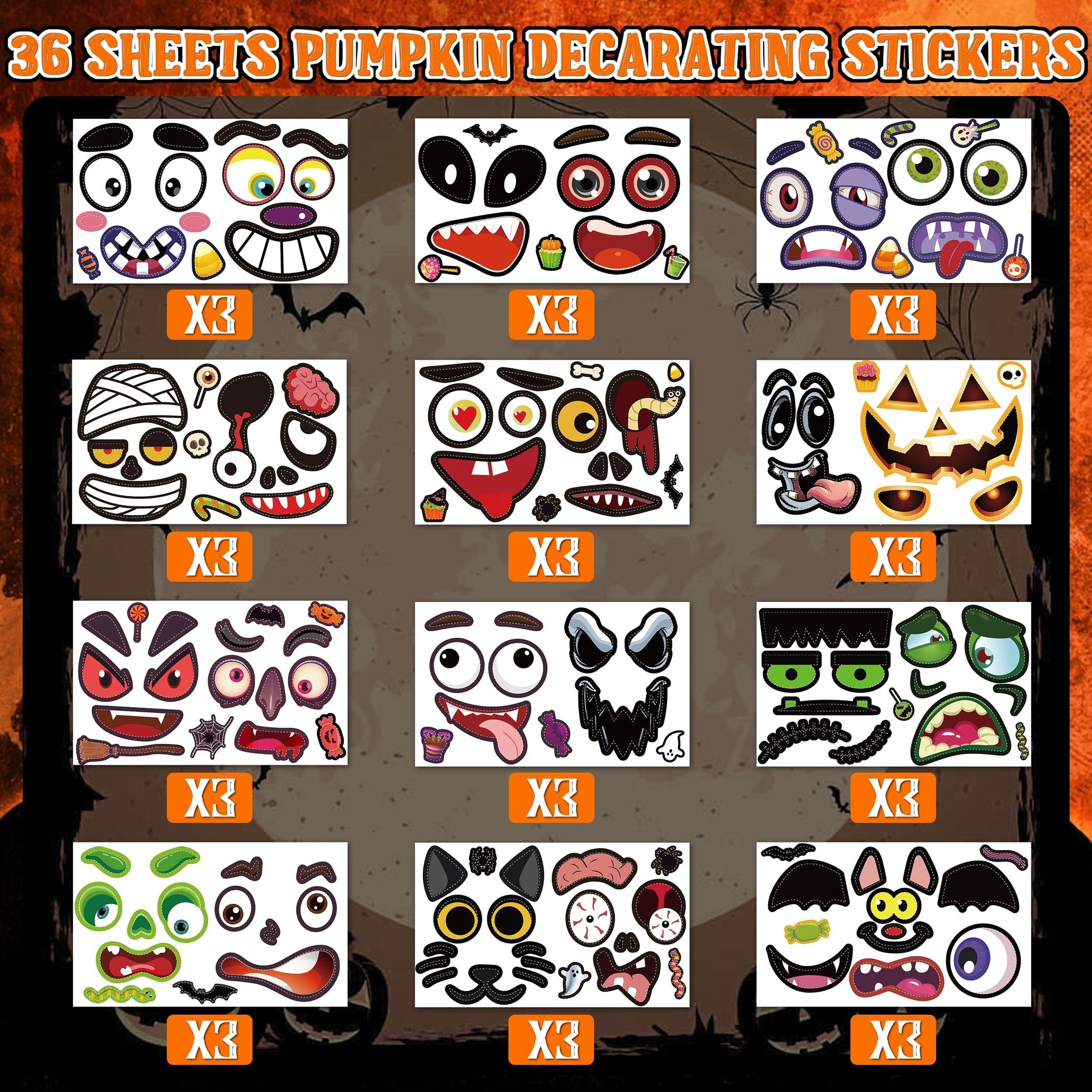 Halloween pumpkin decorating sticker sheets showing various eyes, mouths, and accessories for creating monster faces.