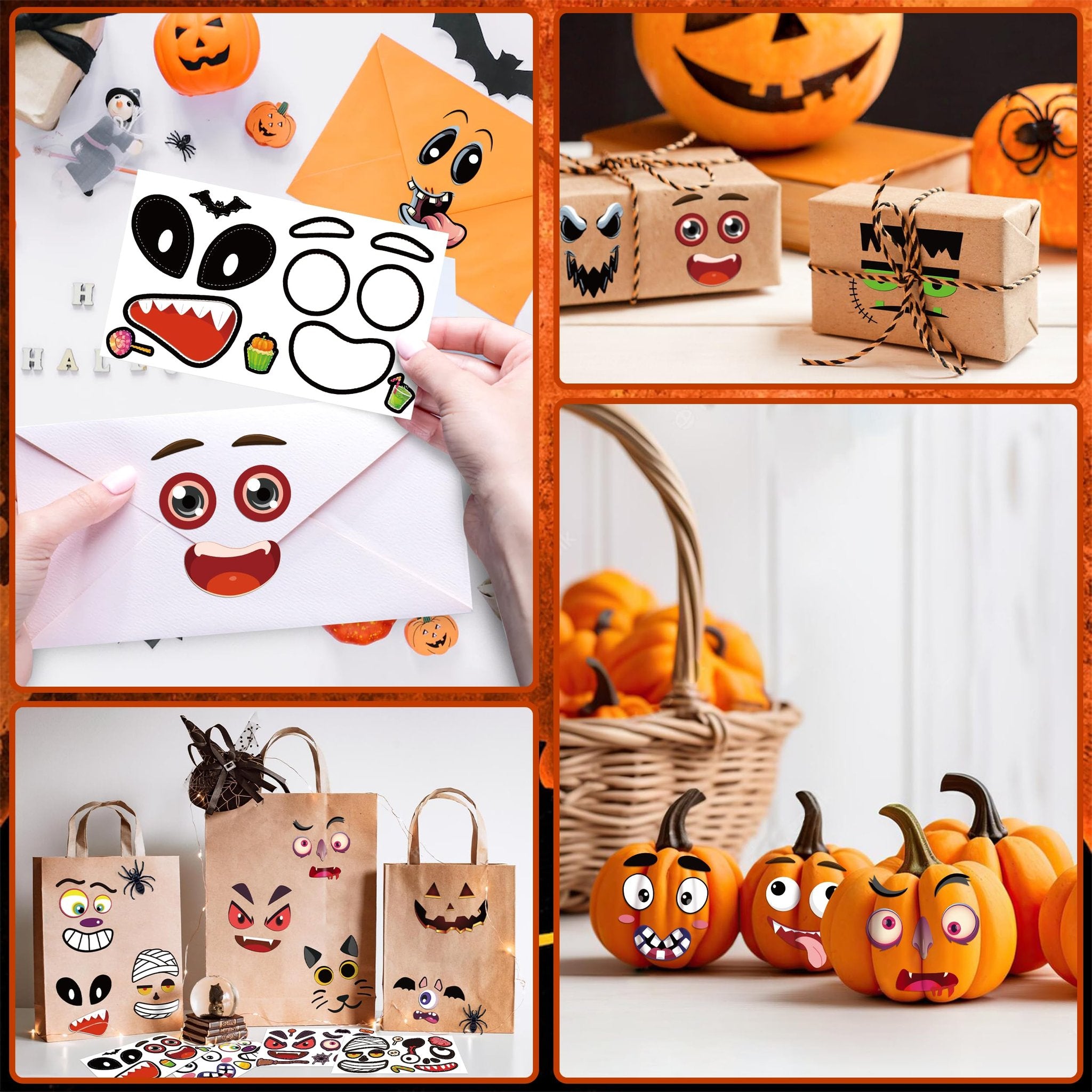 Collage of Halloween crafts: pumpkin decorating kit stickers, decorated gift boxes, and decorated paper bags.