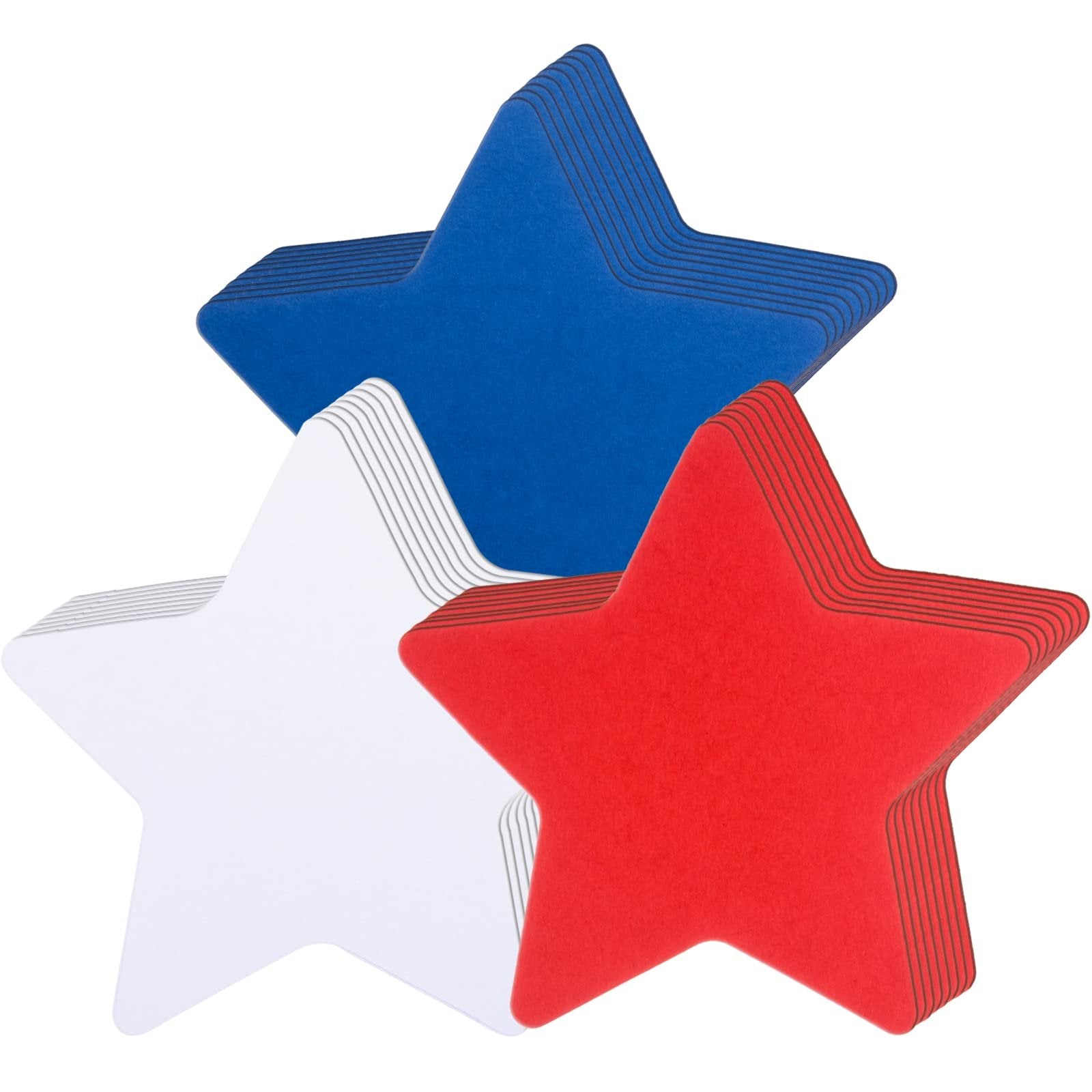 Stack of red, white, and blue cardstock star cutouts on a white background.