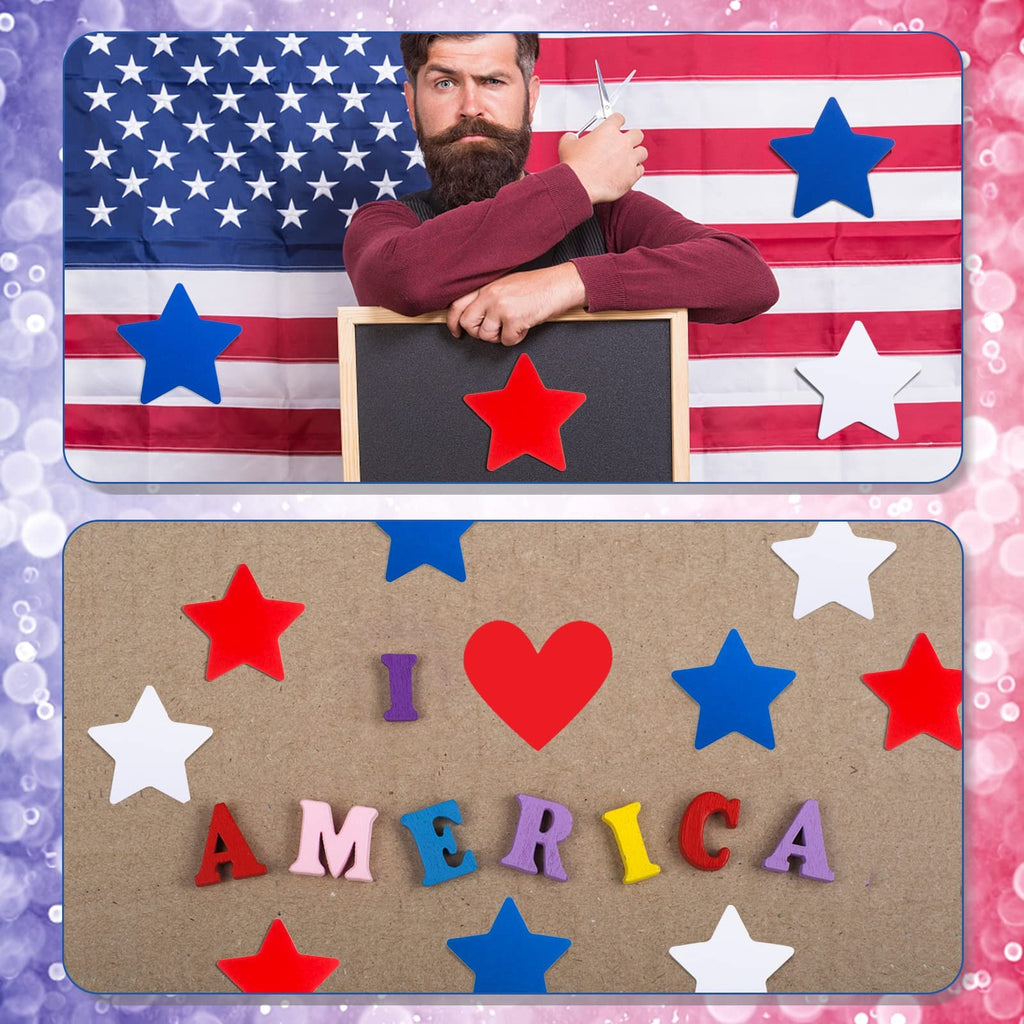 Man with beard holding scissors over a chalkboard with a red star, American flag background. Bottom panel shows colorful letters spelling I LOVE AMERICA with stars and a heart.