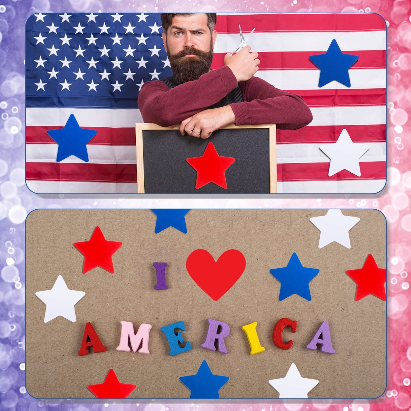 Man with beard holding scissors over a chalkboard with a red star, American flag background. Bottom panel shows colorful letters spelling I LOVE AMERICA with stars and a heart.