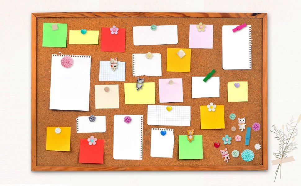Corkboard filled with assorted notes and decorative push pins featuring cats, flowers, and hearts.