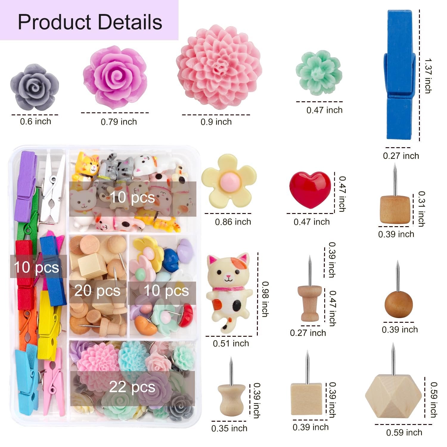 Assorted decorative push pins including cats, flowers, hearts, and clips with size and quantity details.