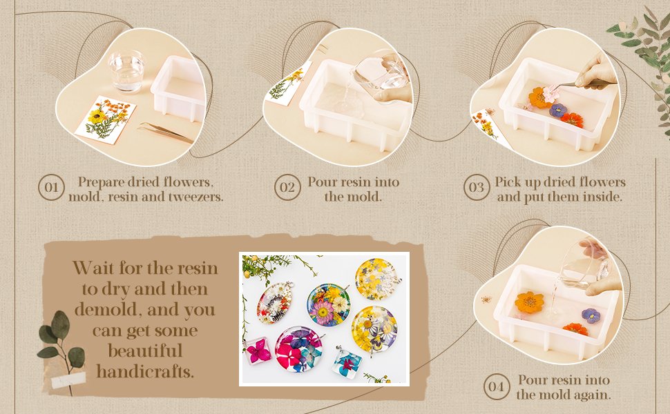 Step-by-step guide for making resin crafts with dried flowers, showing preparation, pouring resin, adding flowers, and finished pendants.
