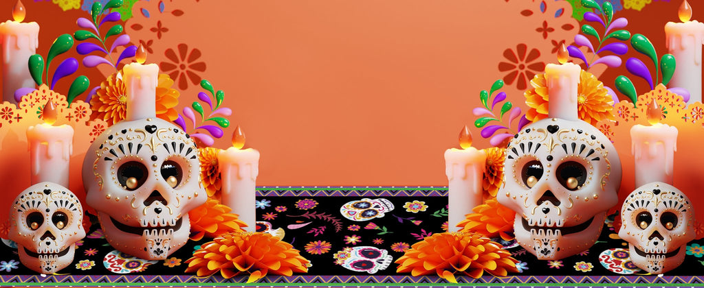 Day of the Dead themed table runner with sugar skull print, candles, and floral decorations.