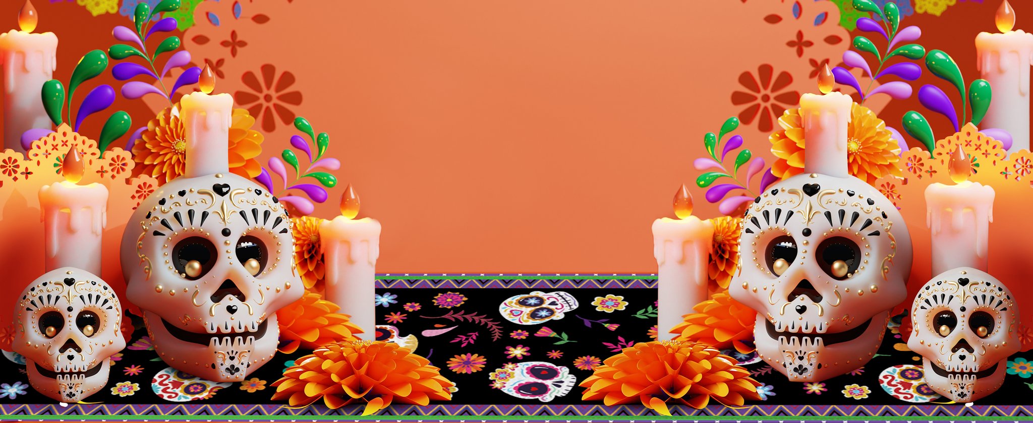 Day of the Dead themed table runner with sugar skull print, candles, and floral decorations.