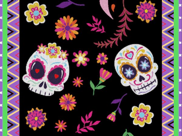 Day of the Dead table runner with sugar skull and floral print on black background with decorative border