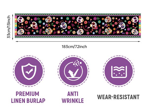 Day of the Dead sugar skull print table runner with dimensions and feature callouts