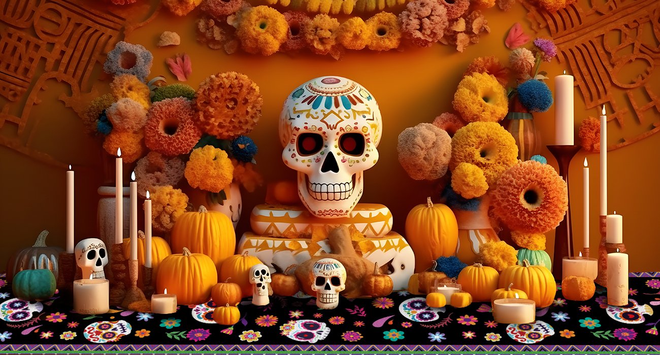Day of the Dead altar scene with sugar skulls, pumpkins, candles, and marigold flowers, featuring a table runner with skull and floral print.