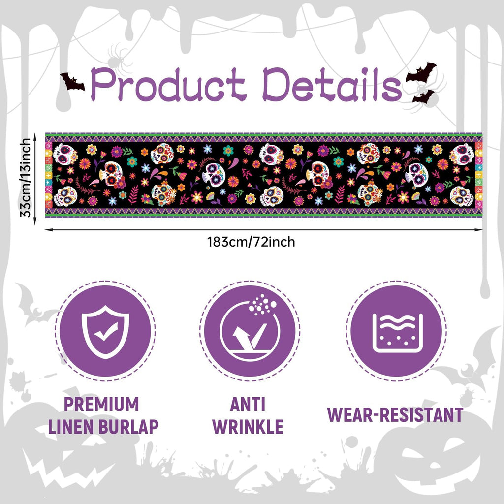 Day of the Dead themed table runner with sugar skull print, showing dimensions and product features.